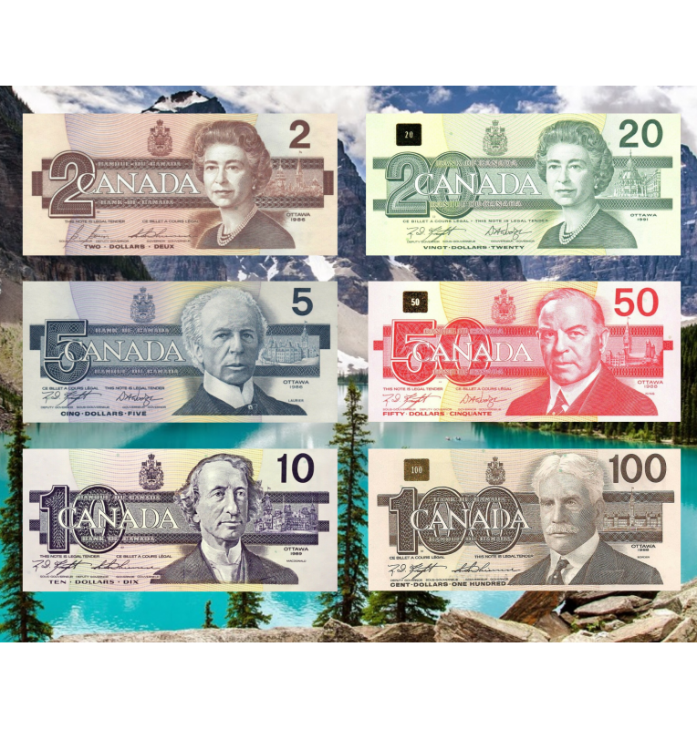 Canadá 2,5,10,20,50,100 Dólares 1986-1991 Pick 94a,95e,96c,97d,98d
